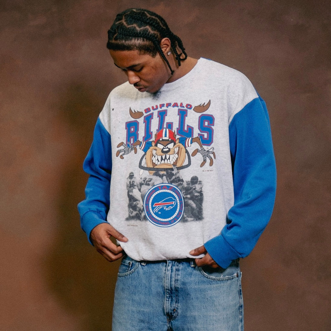 Vintage Buffalo Bills Upcycled Custom Double Sided Taz Crewneck Sweatshirt XL
