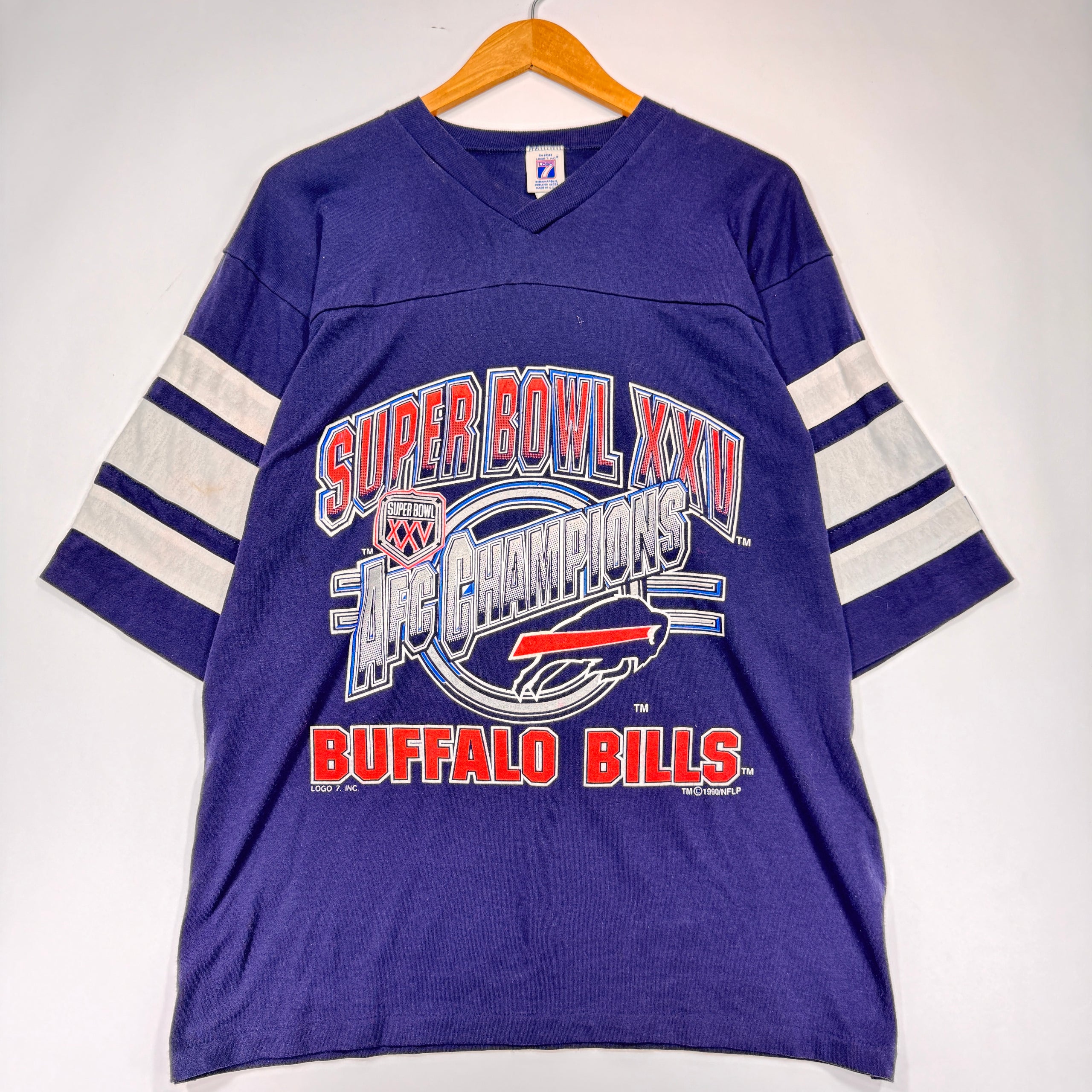 Vintage Buffalo Bills 1990 AFC Champions Super Bowl 3/4 Sleeve V-Neck Shirt Large