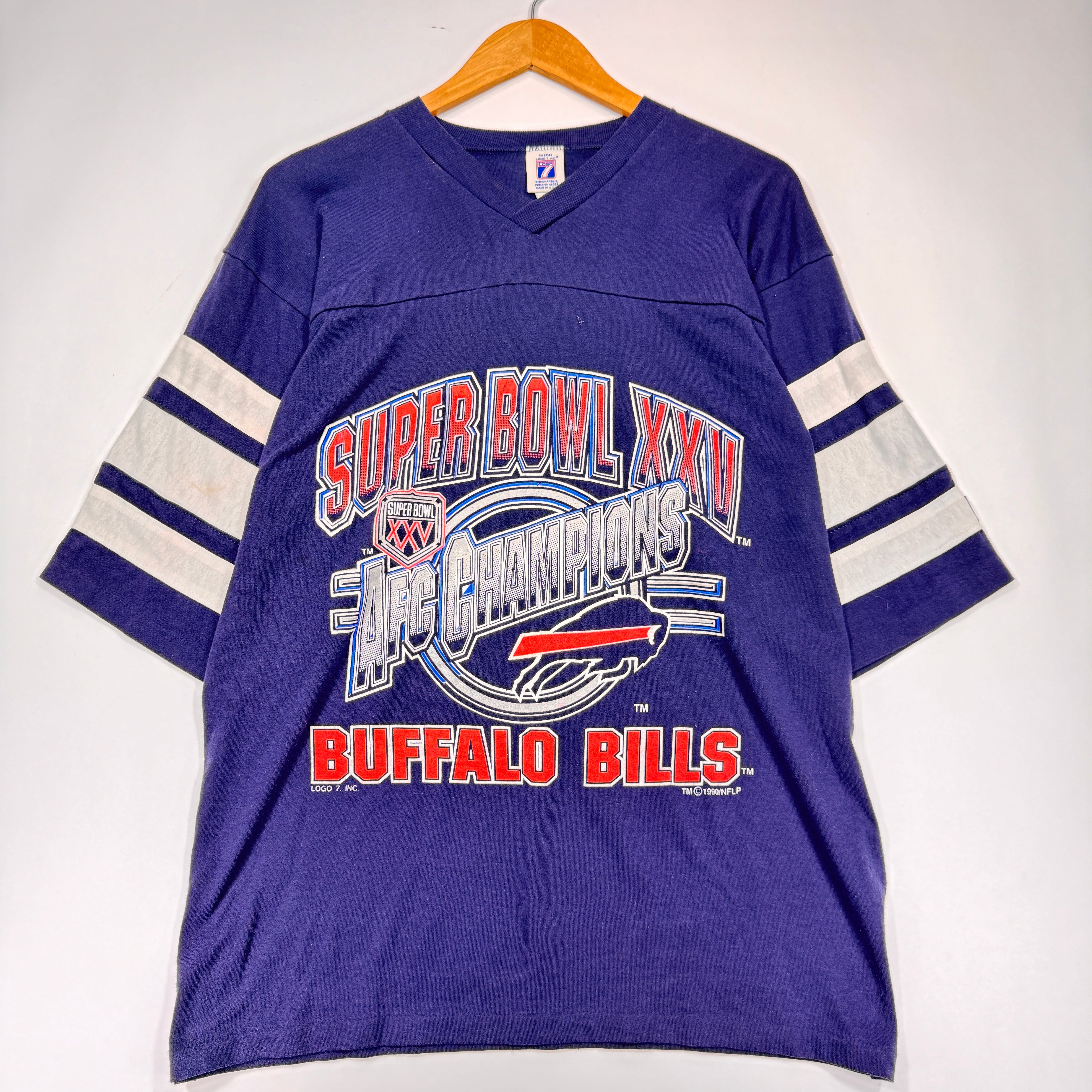 Vintage Buffalo Bills 1990 AFC Champions Super Bowl 3/4 Sleeve V-Neck Shirt Large