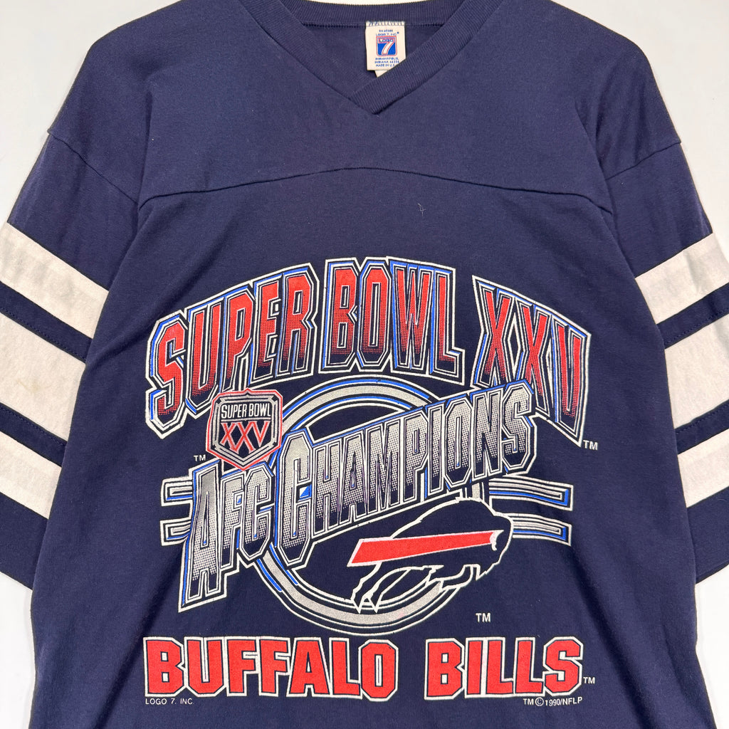 Vintage Buffalo Bills 1990 AFC Champions Super Bowl 3/4 Sleeve V-Neck Shirt Large
