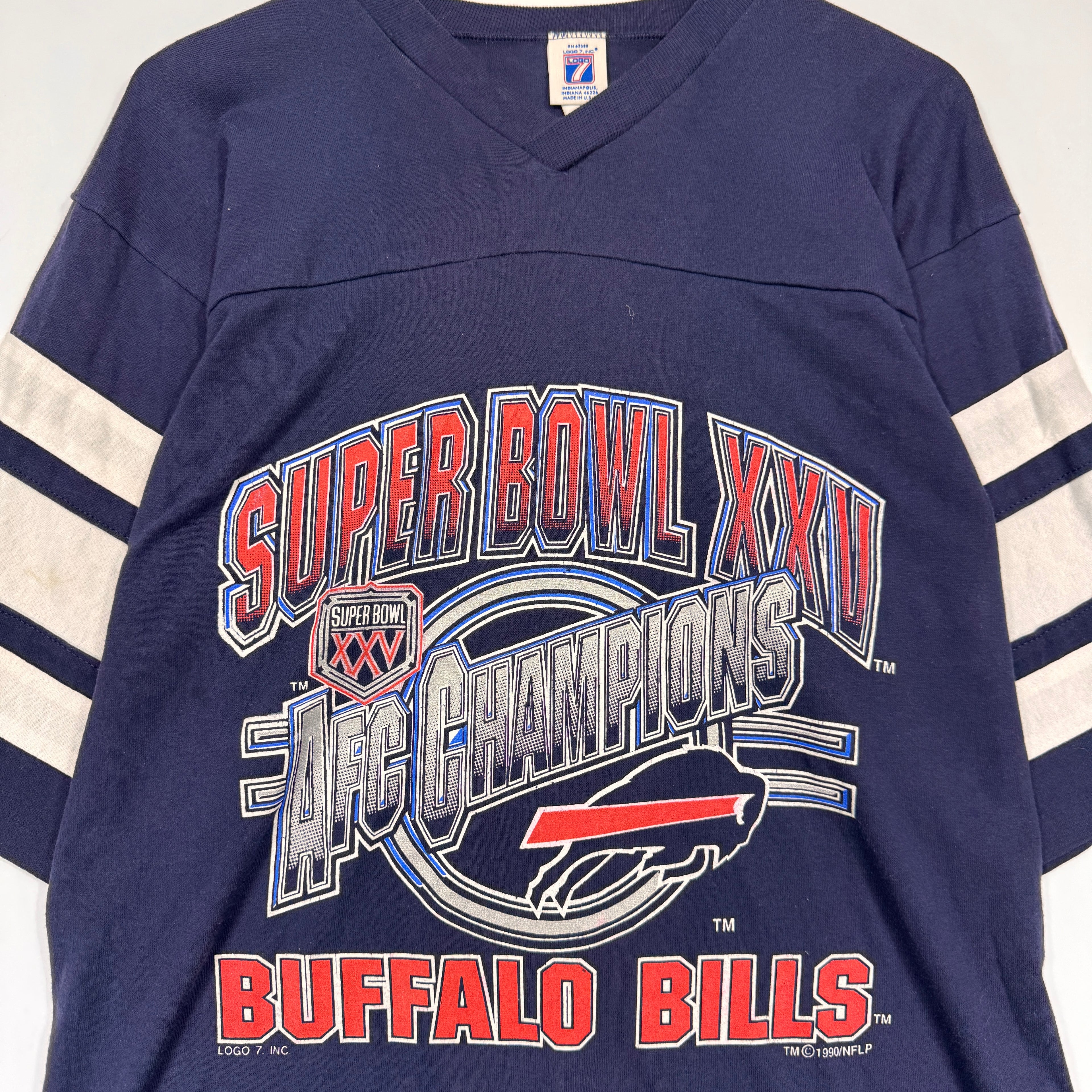Vintage Buffalo Bills 1990 AFC Champions Super Bowl 3/4 Sleeve V-Neck Shirt Large